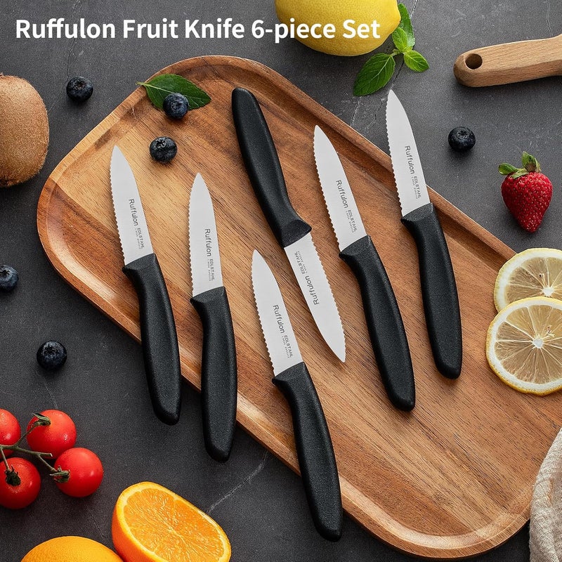 Ruffulon Stainless Steel Paring Knife With Serrated Blade, 6 Pieces Set Vegetable and Fruit Knife, Ultra Sharp Small Kitchen Knife, Black Paring Knifves with PP Plastic Ergonomic Handle. - Image 4